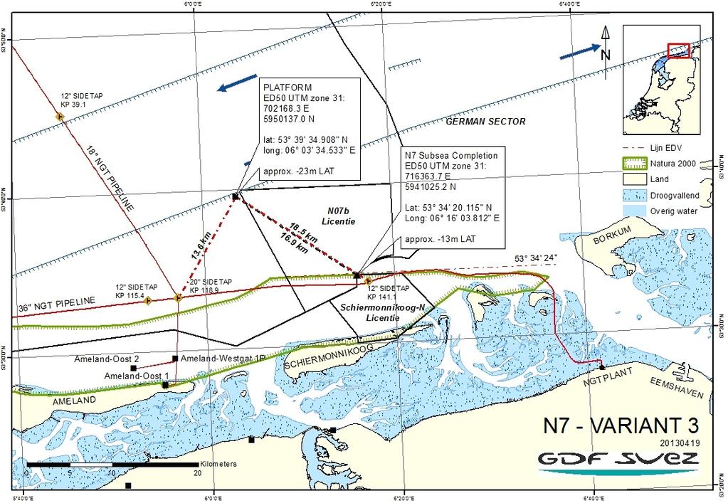 Startnotitie RCR project proefboring ten behoeve van gaswinning ten noorden van Schiermonnikoog Alternatief 3 In alternatief 3 wordt een nieuw productieplatform aangelegd op 18,8 km uit de kust van