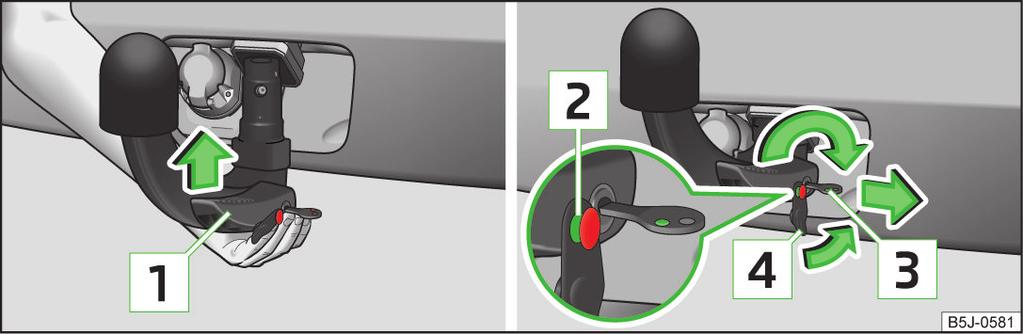 De kogelkop vóór het aanbrengen altijd in de paraatheidsstand zetten. De sleutel draaien, zodat de rode markering 1» Afbeelding 119 zichtbaar is. De kogelkop onder de beschermkap 2 vastpakken.