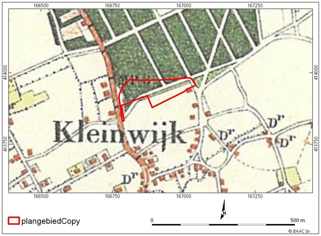 Figuur 2.2 Historische kaart uit 1895. 15 Binnen het plangebied staat momenteel, op een schuurtje na, geen bebouwing.