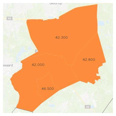 Figuur 11: Aantal huishoudens doelgroep huurtoeslag gespecificeerd naar gemeenten per woningmarktregio Metropoolregio Eindhoven (links) en wijken per gemeente Heeze-Leende (rechts) Netto besteedbaar