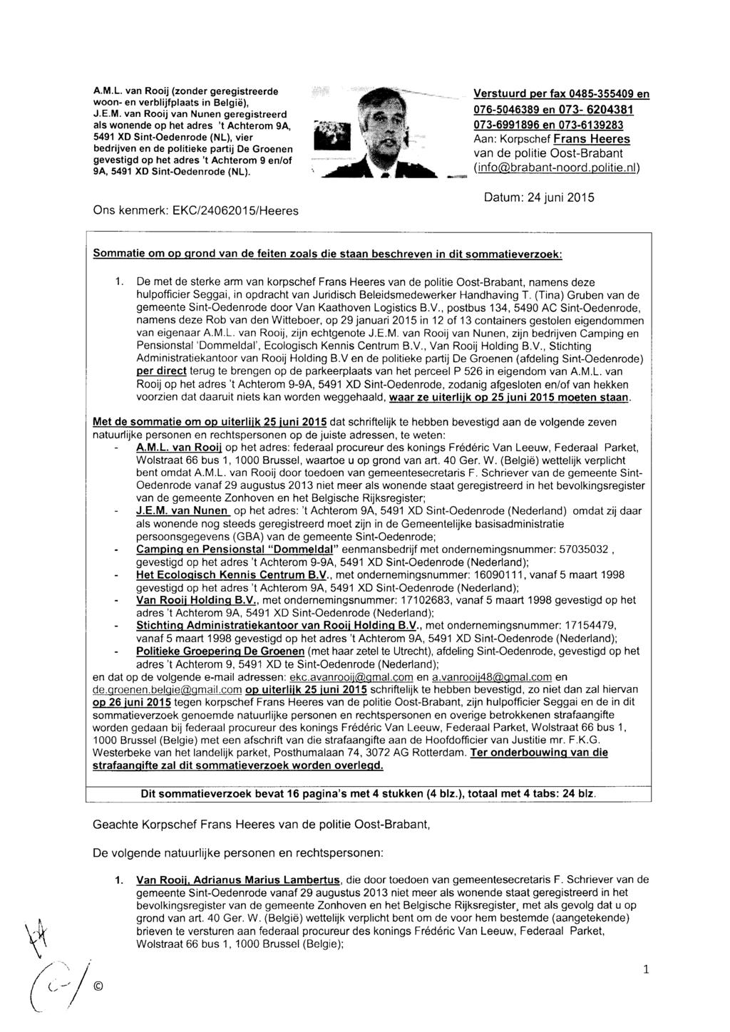 A.M.L. van Rooij (zonder geregistreerde woon- en verblijfplaats in België), J.E.M. van Rooij van Nunen geregistreerd als wonende op het 't Achterom 9A, 5491 XD Sint-Oedenrode (NL), vier bedrijven en