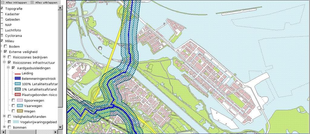 Figuur 2: IJburg met de risicocontouren van de hoge druk aardgasleiding. 1.