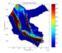 Figuur 7.6 toont het maximale sedimenttransport rond de Galgeplaat tijdens een noordwestelijke windrichting. De geuldominantie van het sedimenttransport is hier duidelijk afgenomen.
