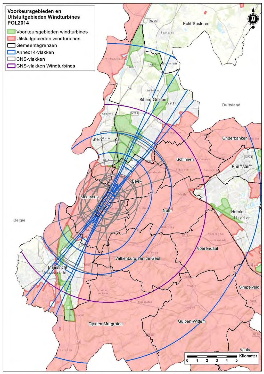 3.3 Hoogtebeperkingen voor windturbines De hoogtebeperkingen gerelateerd aan het (concept) luchthavenbesluit zijn vergeleken met de voorkeursgebieden voor windturbines, zoals gedefinieerd in het