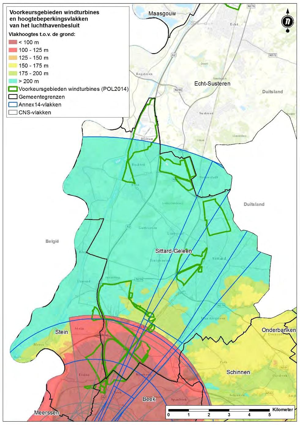 3.10 Gemeente Sittard-Geleen Windturbines Binnen de voorkeursgebieden uit het POL2014 die zijn gelegen in het noordelijk deel van de gemeente vormt het (concept) luchthavenbesluit geen