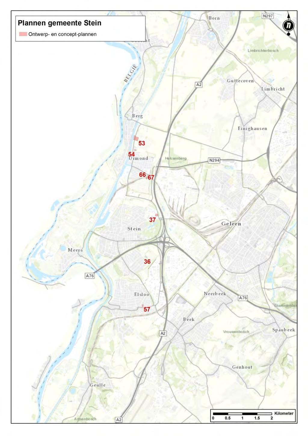 Figuur 24. Concept- en ontwerpplannen in de gemeente Stein Onderstaande tabel geeft de relevante plannen aangeduid in de bovenstaande kaart.