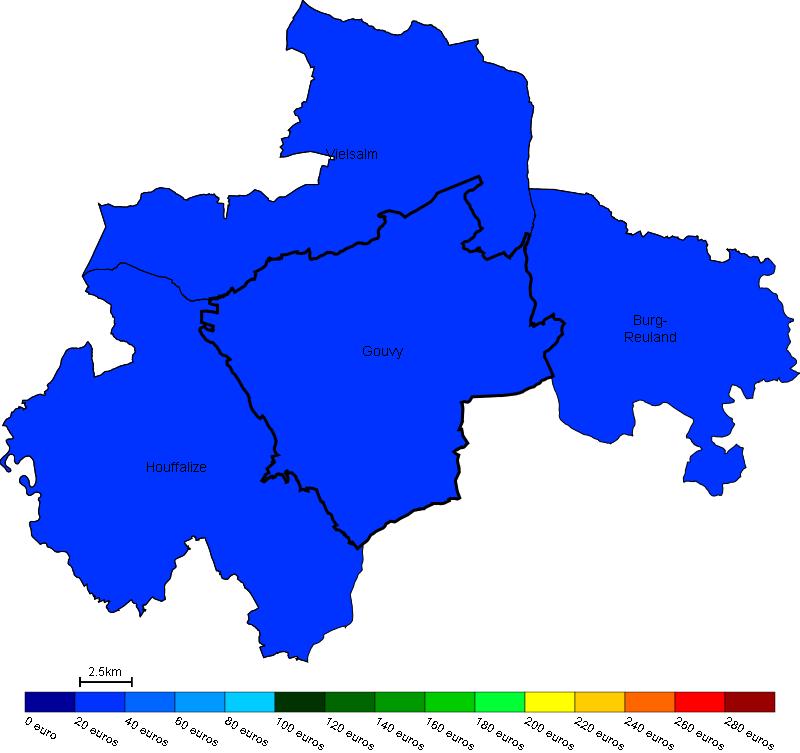 Vastgoed Prijs van bouwgrond in Gouvy en omgeving Gemiddelde prijs in e/m 2 van bouwgrond in Gouvy en omgeving Bron : Berekeningen van de ADSEI (FOD Economie) op basis