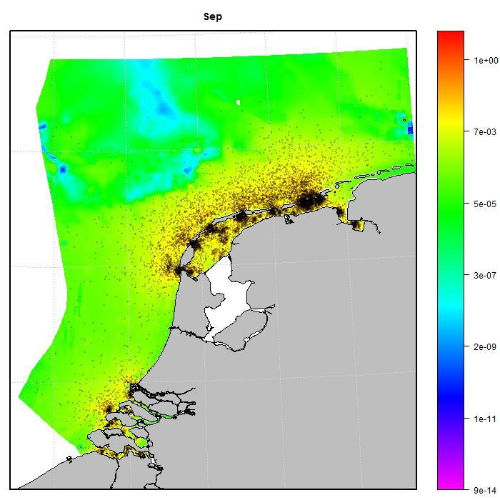 147 Figuur 7.12 Gemodelleerde voorspelling van zeehondendichtheid op basis van verschillende omgevingskenmerken in combinatie met zenderdata voor de maand september (Aarts, 2016).