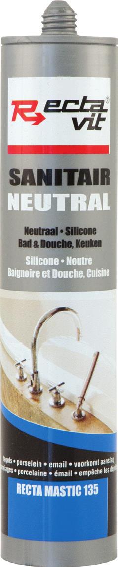 310 ml Recta-Mastic 135 Sanitair Neutral 310 ml Recta-Mastic 135-SW Sanitair Super White Elastische, duurzame en waterdichte neutrale voegkit met toegevoegde antischimmelmiddelen.