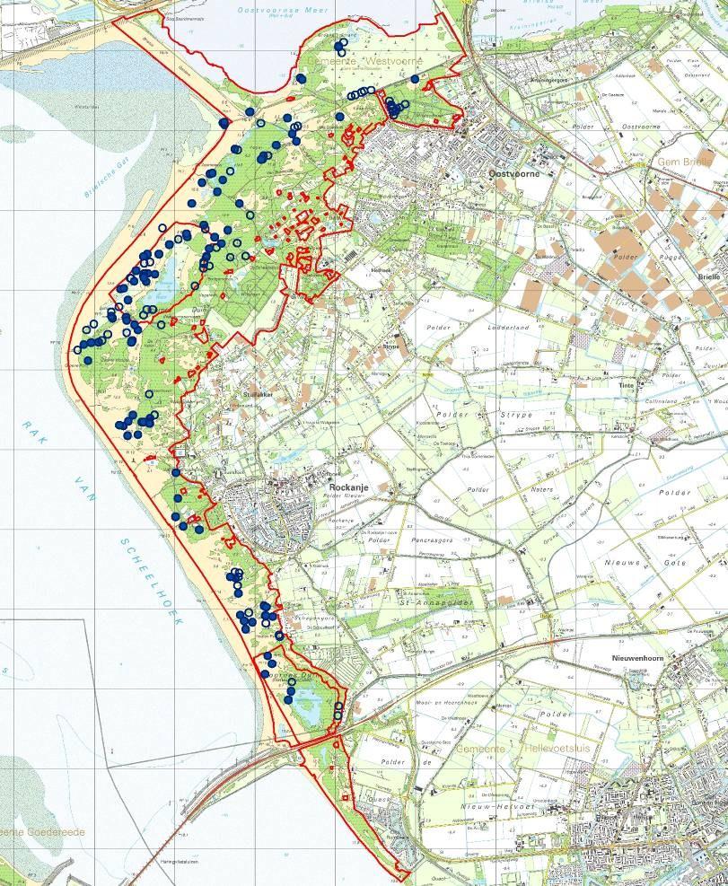 Figuur 3.7: Locaties waarnemingen Nauwe korfslak (dichte rondjes) in de periode 2005-2010. Bron: Stichting Anemoon (Boesveld & Gmelig Meyling, 2010).