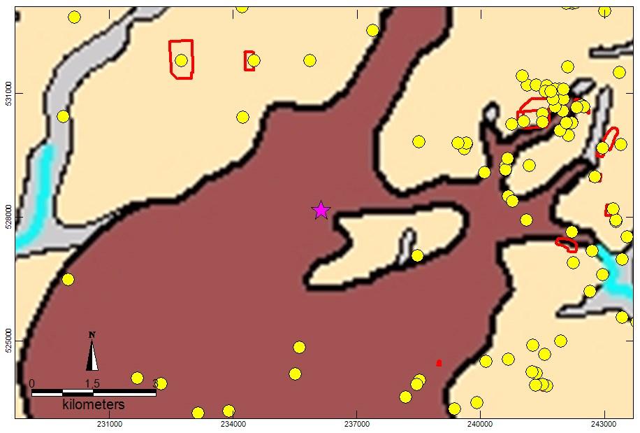 8 Verder zijn weergegeven archeologische waarnemingen (gele stippen) en terreinen met