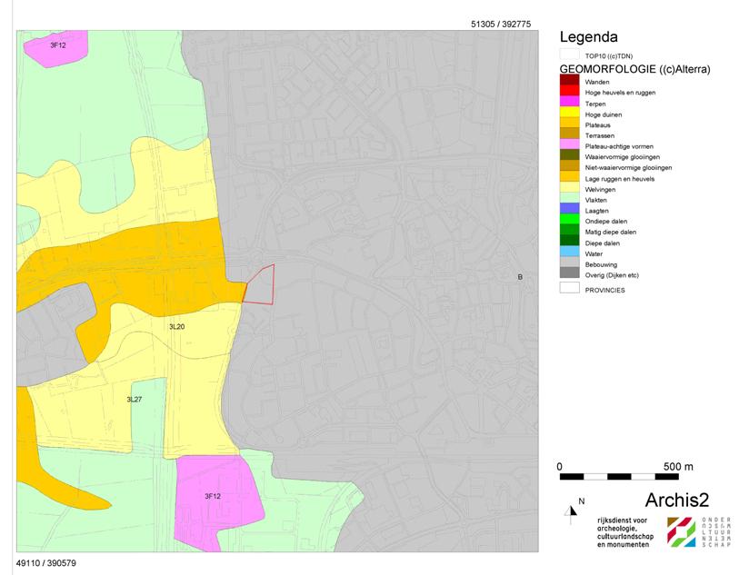 Afbeelding 6. De ligging van het onderzoeksgebied (rood omkaderd), geprojecteerd op een uitsnede van de Geomorfologische Kaart van Nederland. Bron: Alterra.