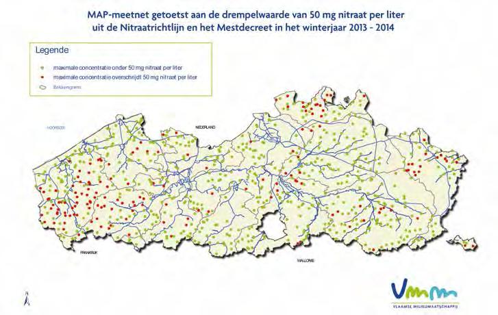 Milieueffecten 2 Figuur 29 Resultaten van het MAP-meetnet oppervlaktewater in winterjaar 2013-2014 Figuur 30 geeft weer hoe het percentage MAP-meetplaatsen met 0, 1, 2 of 3 en meer dan 3