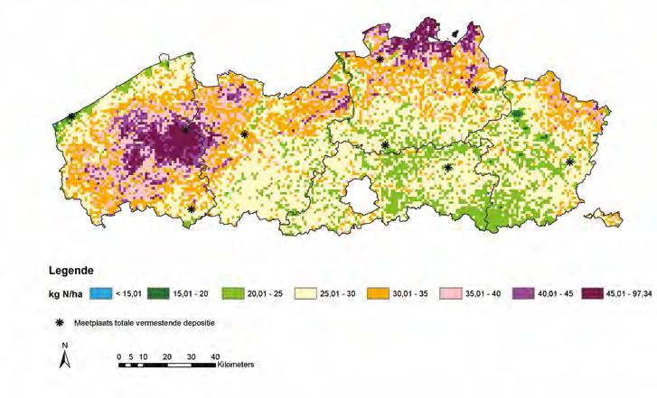 Milieueffecten 2 Figuur 50 Gemodelleerde totale vermestende depositie in 2013 in Vlaanderen, 1x1 km² receptorenrooster Figuur 51 Evolutie van de gemiddelde vermestende