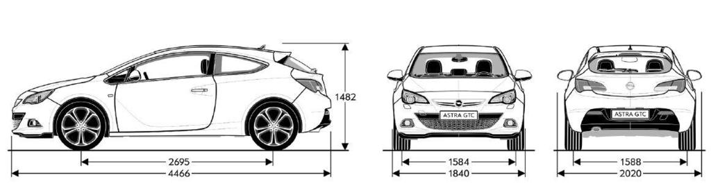 TECHNISCHE SPECIFICATIES OPEL GTC BUITENAFMETINGEN in mm Lengte 4.466 Breedte met uitgeklapte / ingeklapte buitenspiegels 2.020 / 1.840 Hoogte (leeggewicht) 1.482 Wielbasis 2.