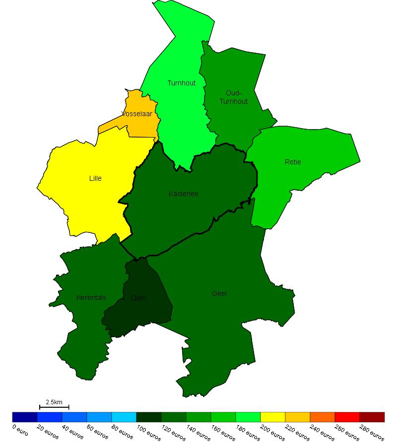 Vastgoed Prijs van bouwgrond in Kasterlee en omgeving Gemiddelde prijs in e/m 2 van bouwgrond in Kasterlee en omgeving Bron : Berekeningen van de ADSEI (FOD Economie) op