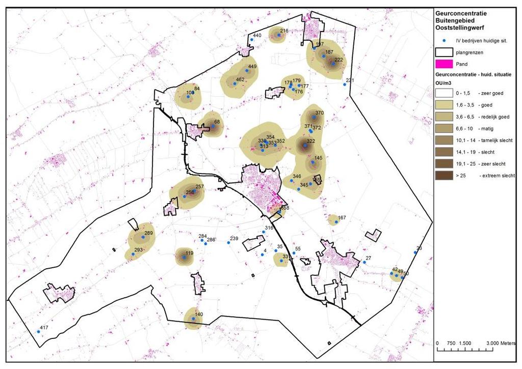 Uit de berekening blijkt dat in de huidige situatie de geurhinder zeer beperkt is. Slechts in de directe omgeving van een vijftal locaties wordt de geursituatie als matig tot tamelijk slecht ervaren.