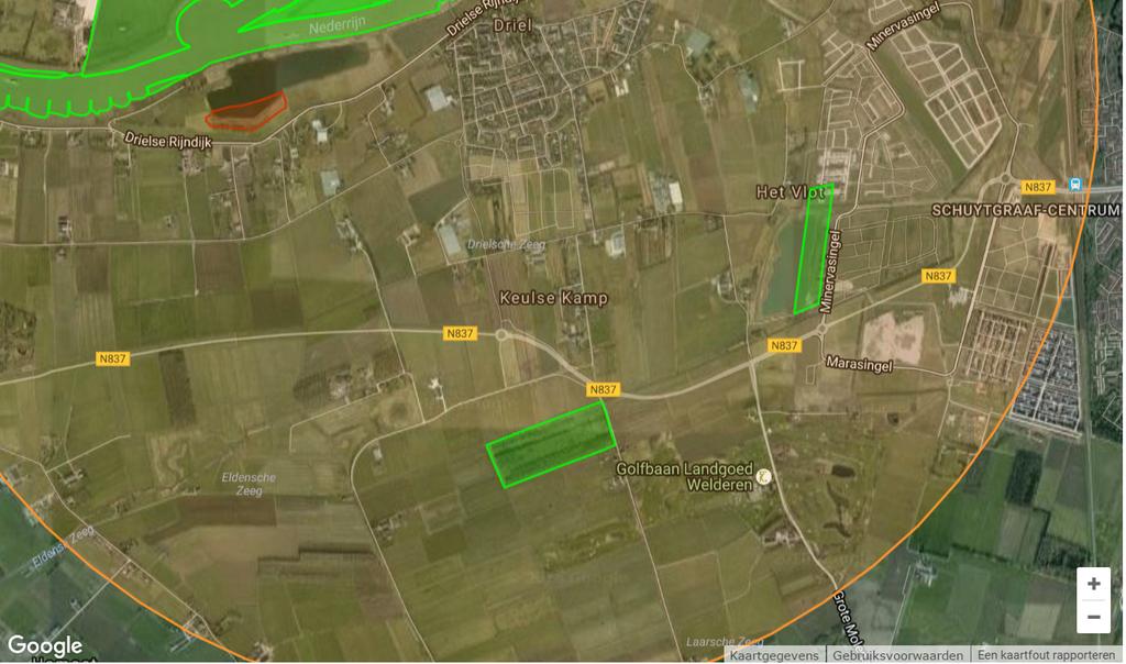 Figuur 3: globale ligging projectgebied (paars vlak) ten opzichte Natuurbeschermingswet 1998-gebieden (rood) en Gelders Natuurnetwerk (groen). Bron gebiedendatabase Alterra 2 4.