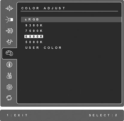 Verklaring bedieningselementen Color Adjust (Kleur aanpassen) biedt verschillende kleuraanpassingsmodi, inclusief vooraf ingestelde kleurtemperaturen en een gebruikerskleurmodus waarmee u rood (R),