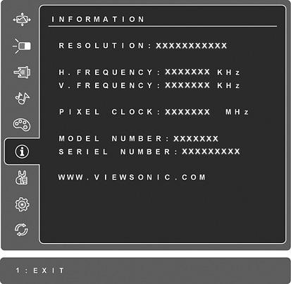 Verklaring bedieningselementen Information (Informatie) toont de timingmodus (videosignaalingang) die van de grafische kaart in de computer komt, het modelnummer van het LCD, het serienummer en de