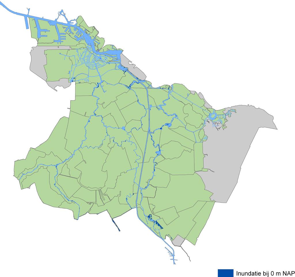 Figuur 2.2 Inundatie van het boezemland bij een boezemwaterstand van NAP 0 m Bij een nadere analyse van de inundatie bij NAP 0,0 m (weergegeven in Figuur 2.