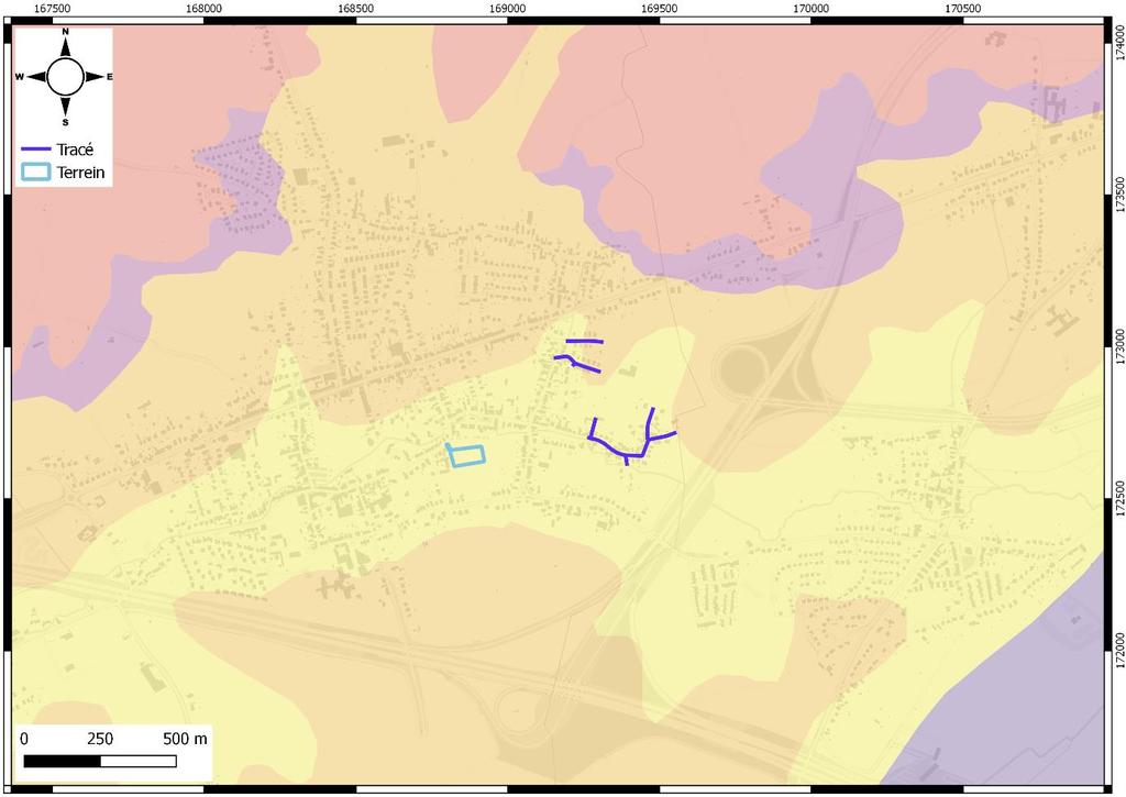 3.2.3 TERTIAIRGEOLOGISCHE KAART Figuur 16: Gedigitaliseerde Tertiairgeologische kaart (1:50.000) met aanduiding van het tracé (blauw) en het terrein voor grondverbetering (lichtblauw).