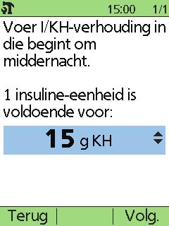 7.4 Instellen van de voorgestelde-boluscalculator Insuline-koolhydratenverhouding (I / KH-verhouding) Voor hoeveel gram koolhydraten staat een eenheid insuline?