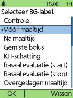 8.2 Gebruik van de BG-meting Markeer het resultaat als een voor- of na-maaltijdmeting, geef een inspanningsniveau aan of geef andere informatie die betrekking heeft op deze BG-meting.