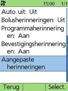 10.1 Signalen en herinneringen Bolusherinneringen Herinnert u eraan dat u nog geen maaltijdbolus heeft toegediend in de door u aangegeven tijdsperiodes.