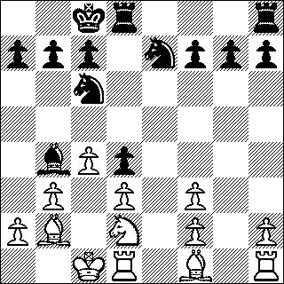 Dus Lg4xf3 10.g2xf3 0 0 0 11.De2xe7 Pg8xe7 12.0 0 0 (DIAGRAM) Op de 20 e zet was een paard op f3 terecht gekomen en deze bleek een sleutelrol te vervullen.