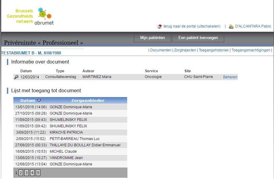 De toegangsgeschiedenis De patiënt ziet elk professionele raadpleging in zijn gedeelde documenten.