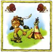 De gele speler neemt zijn jager en de buffel en legt die kaarten op zijn winststapel. De paarse speelster legt haar jager en de tipi op haar winststapel.