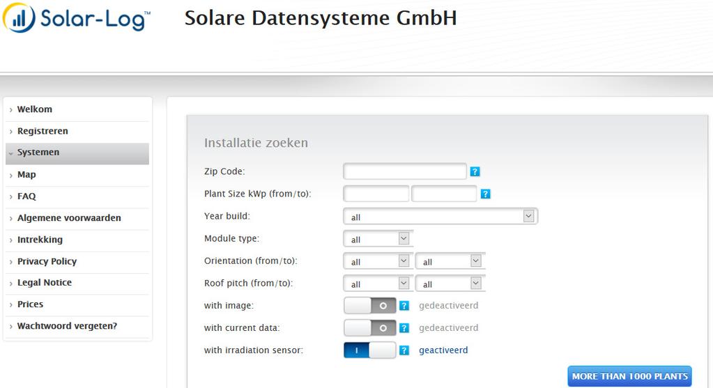 Solar-Log WEB gebruiken Na het menu-onderdeel Resultaten wordt het aantal gevonden installaties weergegeven. Afb.