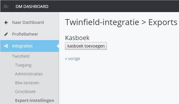 7. Export Om de kasgegevens vanuit POS4 naar Twinfield te exporteren, dient u ten eerste het kasboek toe te voegen aan DM Dashboard.