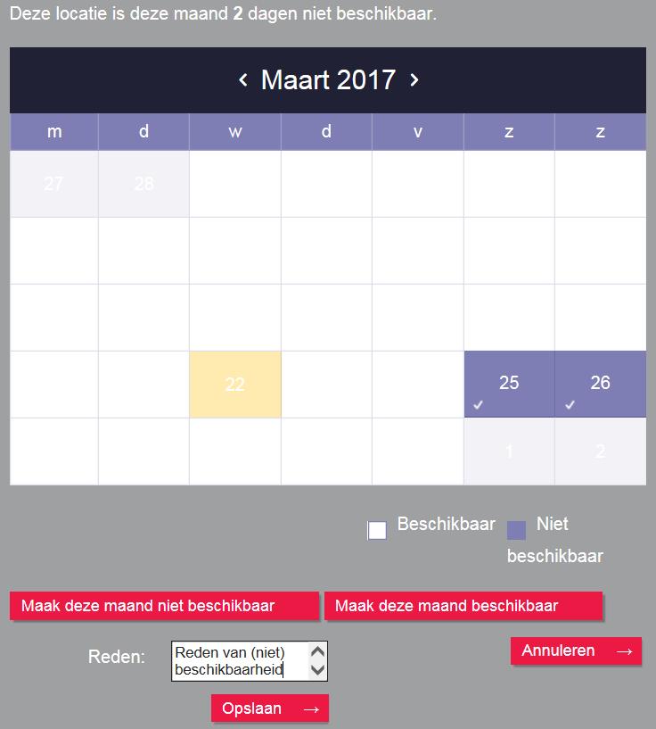 beschikbaar is en paars betekent dat deze datum niet beschikbaar is. 15. Klik op een dag om aan te geven dat deze niet beschikbaar is. 16.