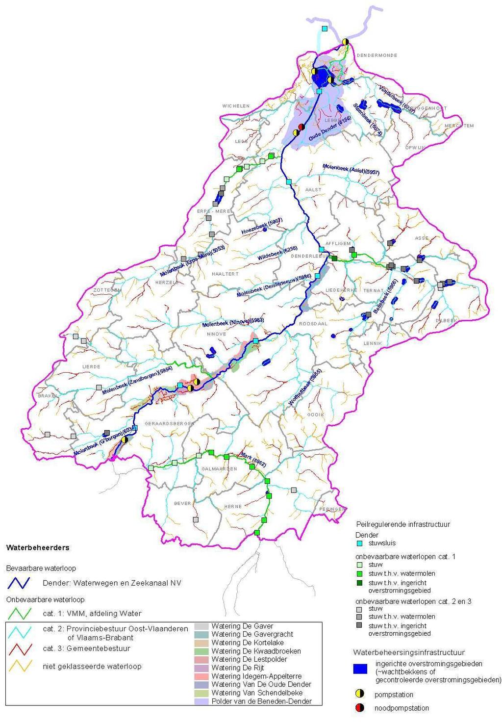 Figuur 13: Situering van de sector Waterbeheersing en veiligheid in het Denderbekken (bron: