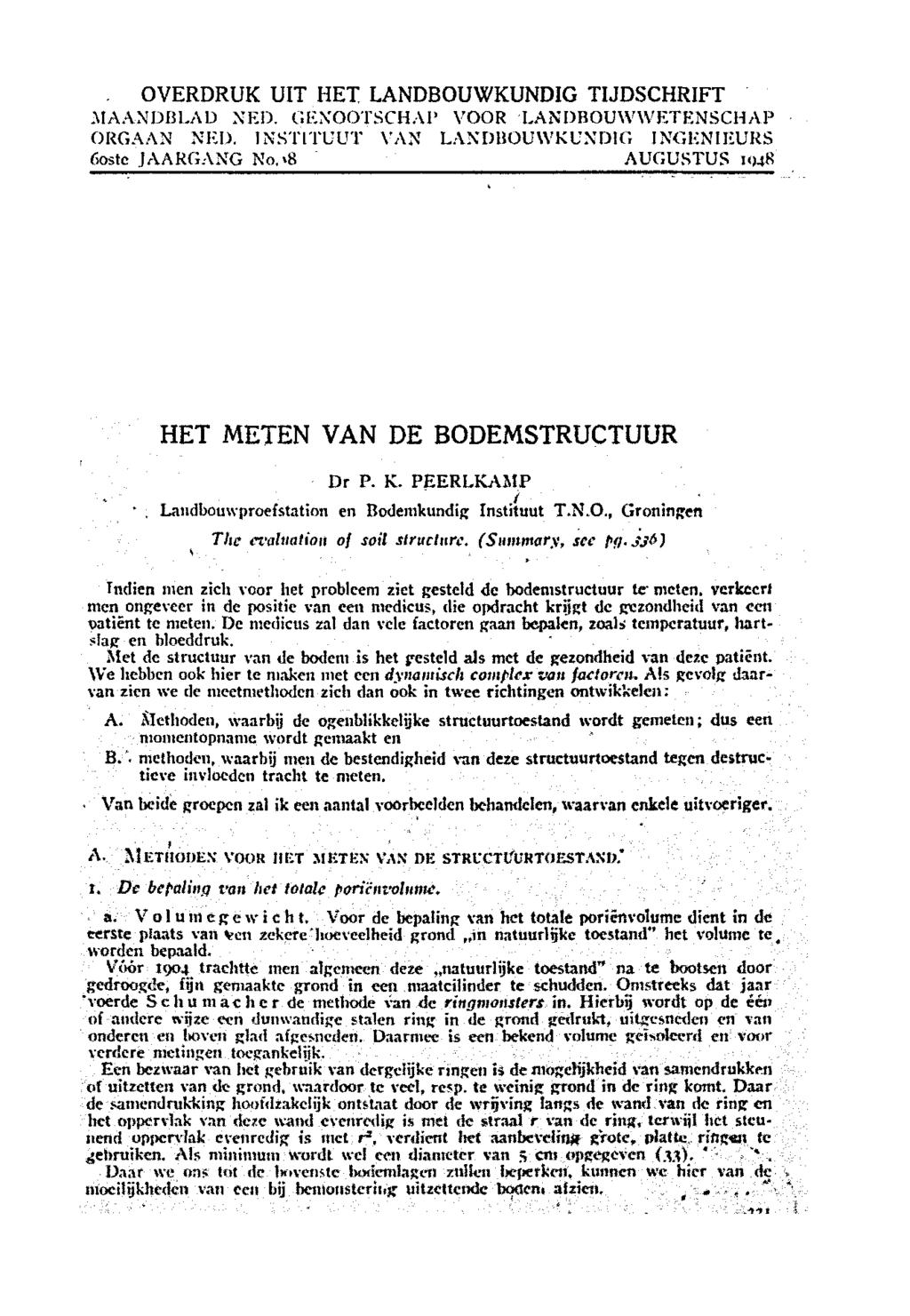 OVERDRUK UIT HET LANDBOUWKUNDIG TIJDSCHRIFT MAANDBLAD NED. GENOOTSCHAP VOOR 'LANDBOUWWETENSCHAP ORGAAN NED. INSTITUUT VAN LANDBOUWKUNDIG INGENIEURS 6ostc JAARGANG No.