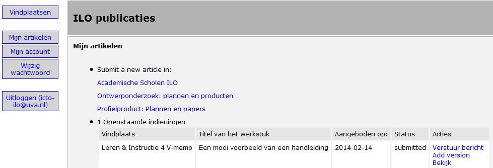 6.3 Na het indienen Als je in het bevestigingsscherm klikt op Ga verder, dan kom je weer terug op de pagina Mijn artikelen. Je krijgt ook een automatische e-mail van info@publication-archive.