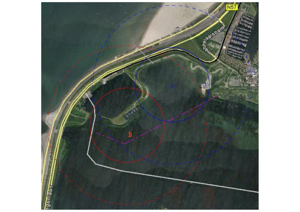 f4.5 Omvang onderzoeksgebied (doorgetrokken cirkels) en te modelleren invloedsgebied (gestippelde cirkels) voor het noordelijke deel van het onderzoeksgebied (A in blauw) en het zuidelijke deel van