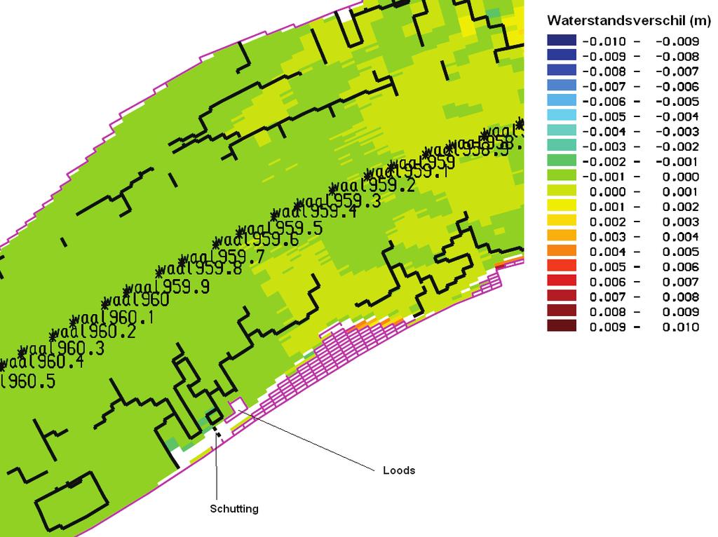 Figuur 5-5: Verschillen in waterstand tussen de referentiesituatie en de voorgestelde