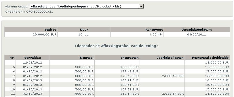 van het krediet (indien deze reeds bestaat) Hieronder wordt een voorbeeld van beide schermen getoond.