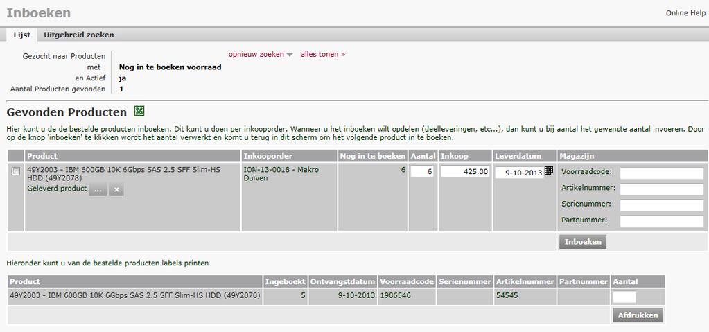 Wanneer we nu gaan kijken naar de details van het product, zien we een extra tabblad Voorraad. Op dit tabblad worden nu de 5 regels van de ingeboekte producten getoond.