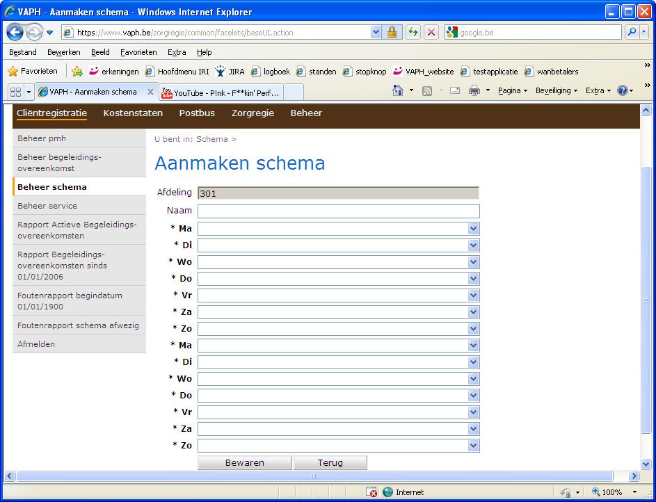 Kies de afdeling waarvoor u een nieuw schema wilt aanmaken. U krijgt volgend scherm: Geef bij Naam de naam die u aan het schema wilt geven in. Bv afwezig op woensdag.