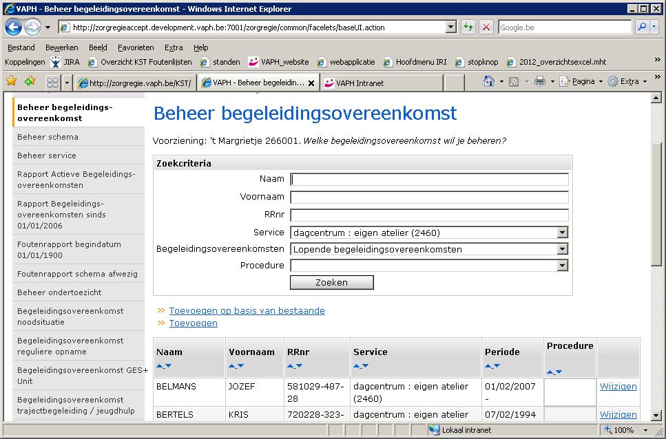 3.18.2 Wijzigen begeleidingsovereenkomst Het wijzigen van een begeleidingsovereenkomst gebeurt door op de link wijzigen naast de begeleidingsovereenkomst te klikken.