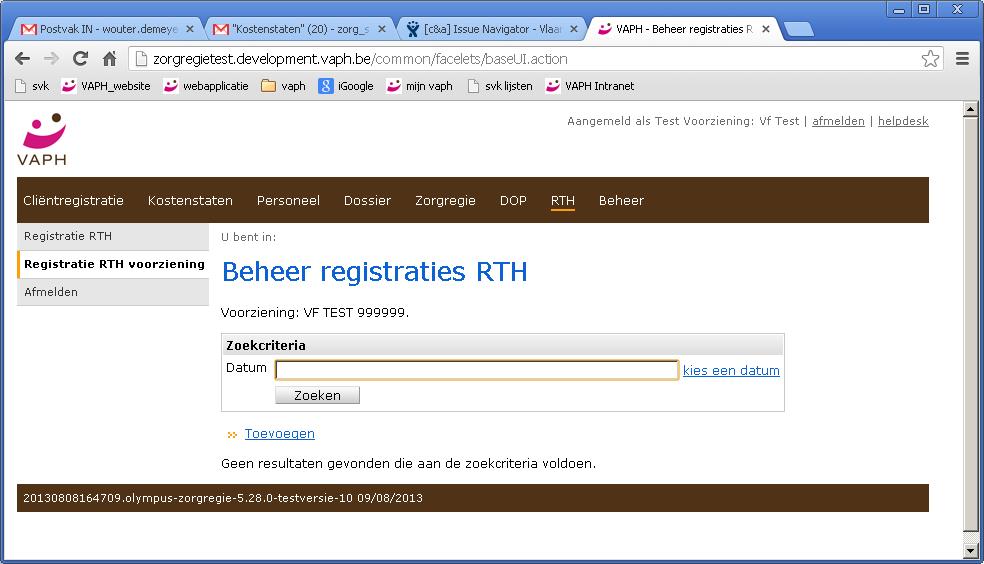 tablad RTH (groene pijl) Klik op Toevoegen en duid aan of vul in op welke datum