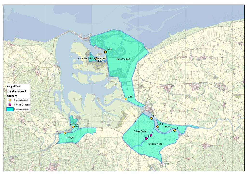 4.5 Lauwersmeer Figuur 17 Indeling overstromingsgebieden Lauwersmeer. De getallen bij de breslocaties geven de maaiveldhoogte aan. Het gebied rond het Lauwersmeer kent een aantal regionale keringen.