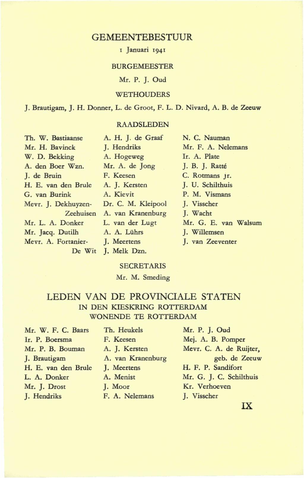 GEMEENTEBESTUUR i Januari 1941 BURGEMEESTER Mr. P. J. Oud WETHOUDERS J. Brautigam, J. H. Donner, L. de Groot, F. L. D. Nivard, A. B. de Zeeuw RAADSLEDEN Th. W. Bastiaanse Mr. H. Bavinck W. D. Bekking A.