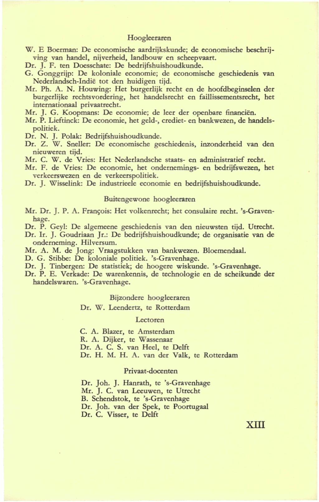 Hoogleeraren W. E Boerman: De economische aardrijkskunde; de economische beschrijving van handel, nijverheid, landbouw en scheepvaart. Dr. J. F. ten Doesschate: De bedrijfshuishoudkunde. G.