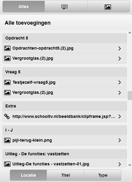 Hoofdstuk: De menu s en knoppen In het Toevoegingenoverzicht en Inhoudsopgave, geschiedenis en bladwijzers worden