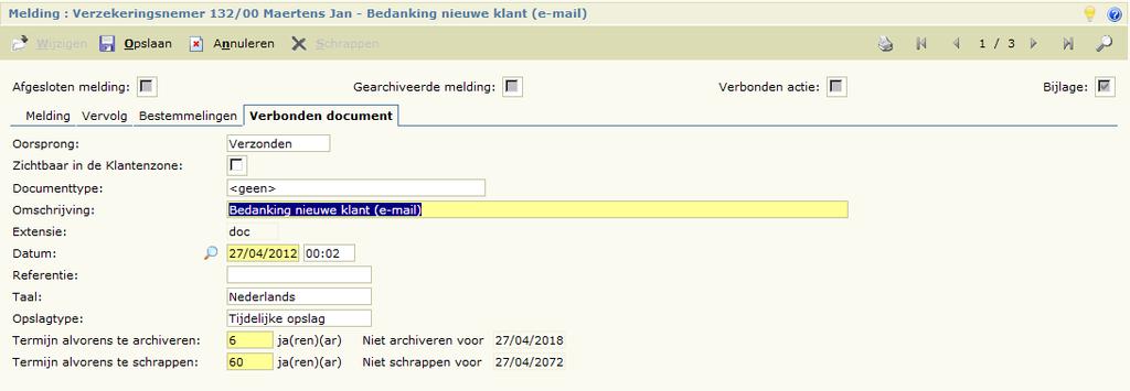 De datum en het uur zijn na het toewijzen ook terug te vinden in de detailgegevens van het verbonden document. 9.3.